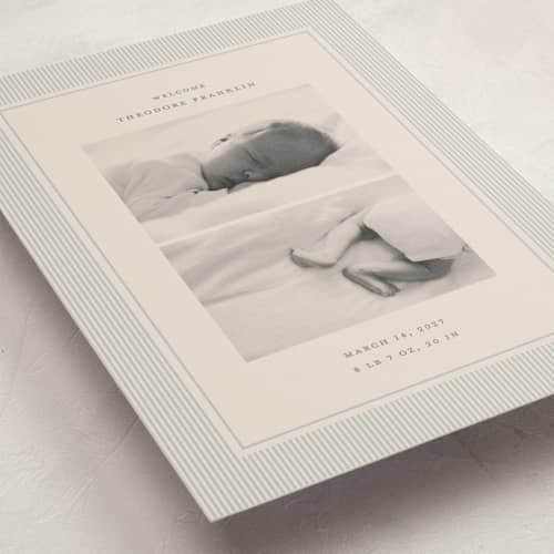 This is a powder birth announcements with standard by Ellen Schlegelmilch called pinstripe printing on recycled smooth signature in standard