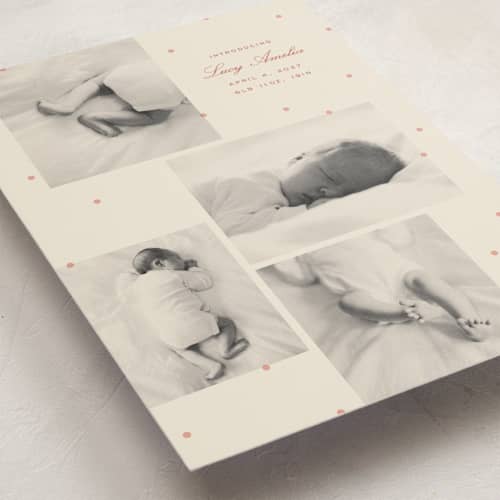 This is a peach birth announcements with standard by Ellen Schlegelmilch called tiny polka dots printing on recycled smooth signature in standard