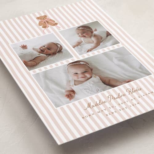 This is a pinky birth announcements with standard by Erin German called teddy bear stripes printing on recycled smooth signature in standard