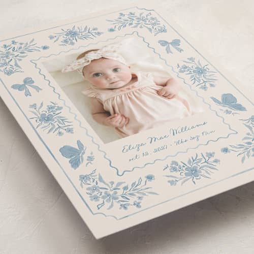 This is a duck egg birth announcements with standard by Vera Lim called vintage love printing on recycled smooth signature in standard