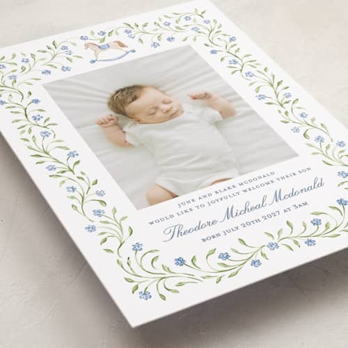 This is a cornflower birth announcements with standard by Sarah Knight called theodore printing on recycled smooth signature in standard