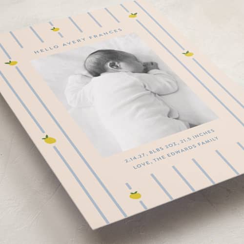 This is a carribean birth announcements with standard by Carolyn MacLaren called lemon stripes printing on recycled smooth signature in standard