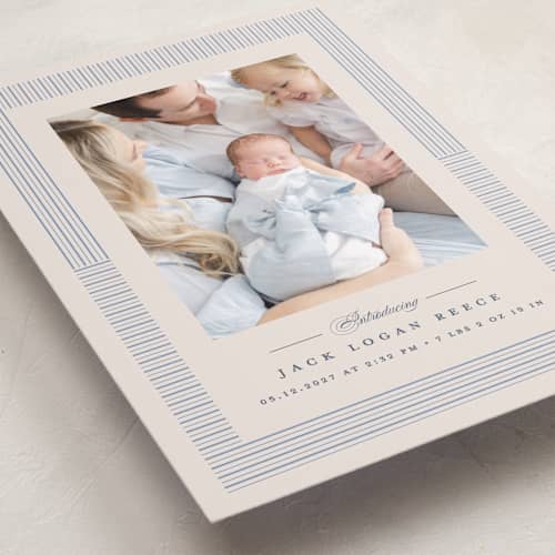 This is a cornflower birth announcements with standard by Erica Krystek called petite pinstripe printing on recycled smooth signature in standard