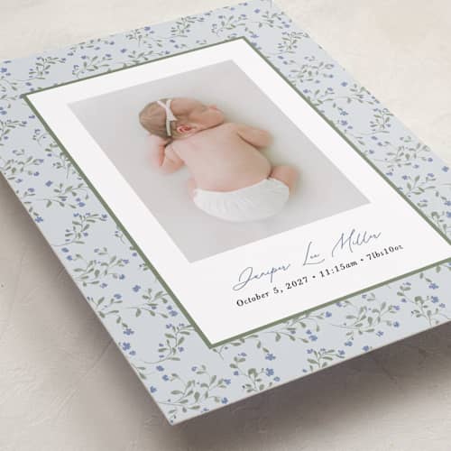 This is a powder birth announcements with standard by Kate Ahn called ditsy floral frame printing on recycled smooth signature in standard