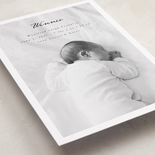 This is a noir birth announcements with standard by Emily Sabol Goss called simplicity printing on recycled smooth signature in standard