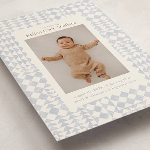 This is a bluebell birth announcements with standard by Julie Murray called patchwork printing on recycled smooth signature in standard