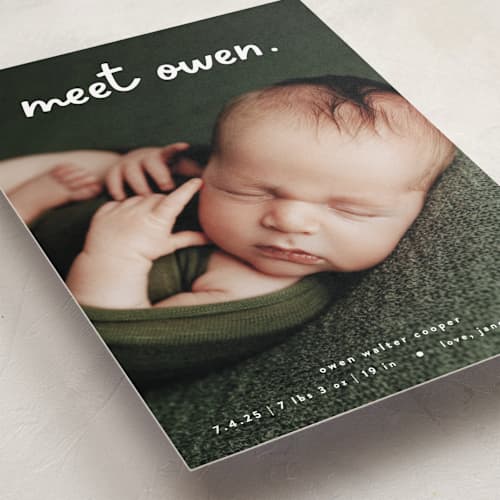 This is a snow birth announcements with standard by Lauren Chism called meet cute printing on recycled smooth signature in standard