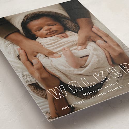 This is a powder birth announcements with standard by Sara Hicks Malone called snug printing on recycled smooth signature in standard