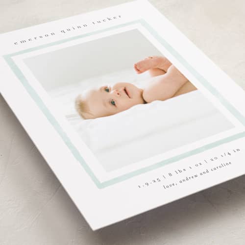 This is a mint birth announcements with standard by Lauren Chism called golightly printing on recycled smooth signature in standard