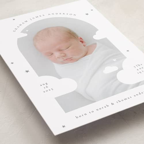 This is a raincloud birth announcements with standard by letterfix called floating clouds printing on recycled smooth signature in standard