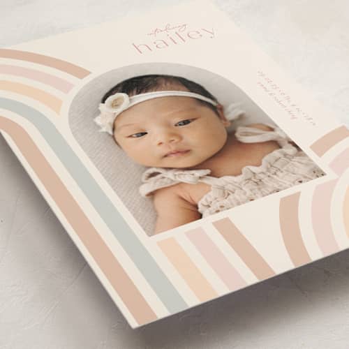 This is a taupe birth announcements with standard by Ashley Iwafuchi called mod rainbow arch printing on recycled smooth signature in standard