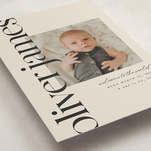 This is a cream birth announcements with standard by Ellen Schlegelmilch called editorial printing on recycled smooth signature in standard