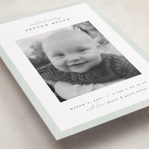 This is a sea salt birth announcements with standard by Pixel and Hank called story printing on recycled smooth signature in standard