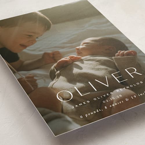 This is a dew birth announcements with standard by Sara Hicks Malone called moondance printing on recycled smooth signature in standard