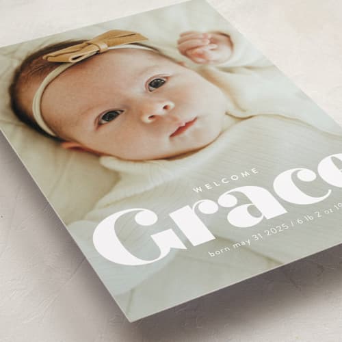 This is a pearl birth announcements with standard by Lori Wemple called name printing on recycled smooth signature in standard