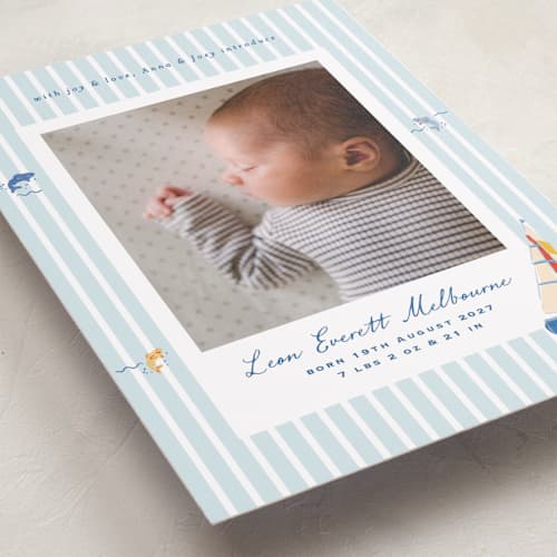 This is a maritime birth announcements with standard by Corinne Malesic called little sail boat printing on recycled smooth signature in standard