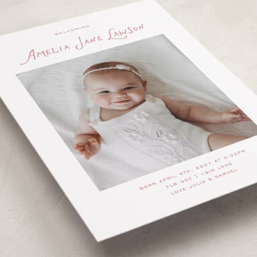 This is a petal birth announcements with standard by Kelly Watkins called nostalgic printing on recycled smooth signature in standard