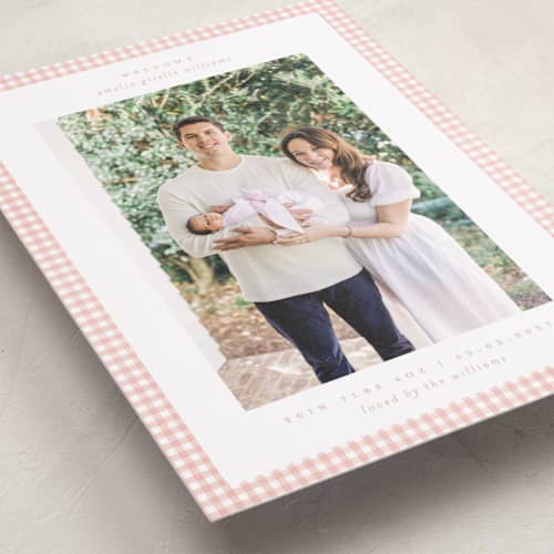 This is a blush birth announcements with standard by Claudia Orengo called preppy fabric printing on recycled smooth signature in standard