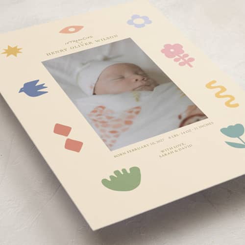 This is a confetti birth announcements with standard by Rina Ozum called scandi folk printing on recycled smooth signature in standard