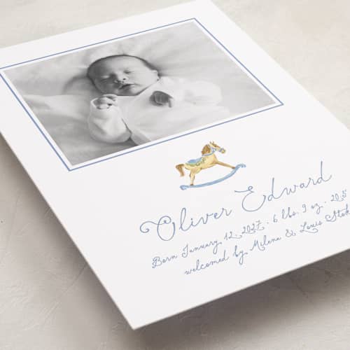 This is a powder birth announcements with standard by Pati Cascino called ternure printing on recycled smooth signature in standard