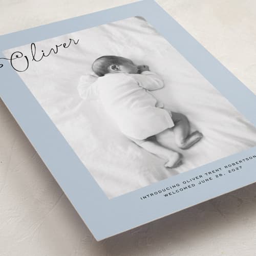 This is a powder birth announcements with standard by Jenna Holcomb called nostalic handwriting printing on recycled smooth signature in standard