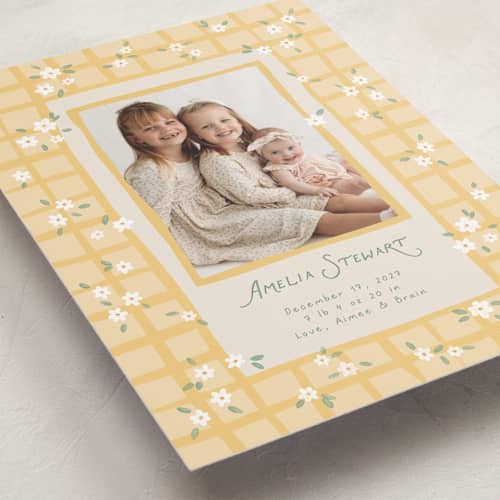 This is a daisy birth announcements with standard by Dani Lugato called garden trellis printing on recycled smooth signature in standard