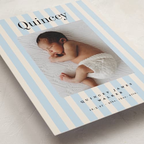 This is a sky birth announcements with standard by Alethea and Ruth called midi stripe printing on recycled smooth signature in standard