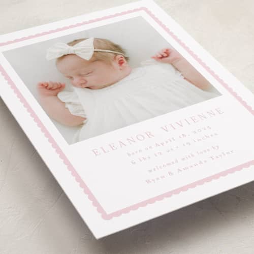 This is a petal birth announcements with standard by Emily Betts called sweetest scallop printing on recycled smooth signature in standard