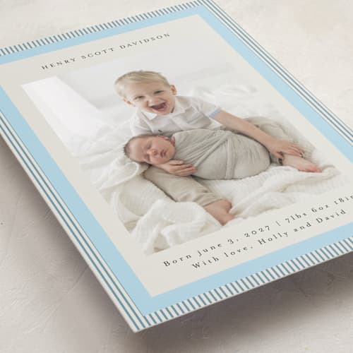 This is a powder blue birth announcements with standard by Jackie Crawford called modern striped frame printing on recycled smooth signature in standard
