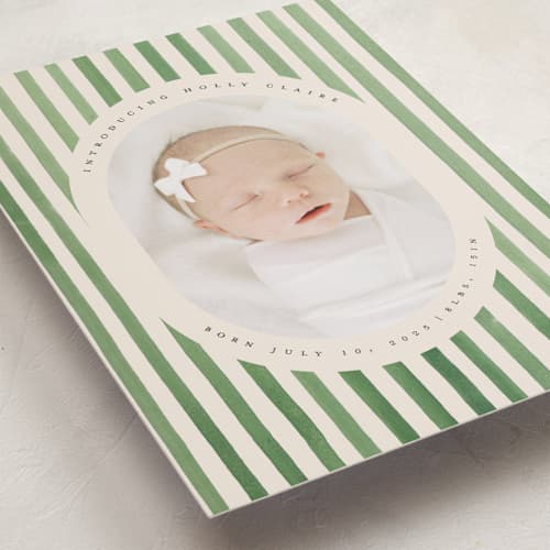 This is a candy apple birth announcements with standard by Teju Reval called vintage stripes printing on recycled smooth signature in standard