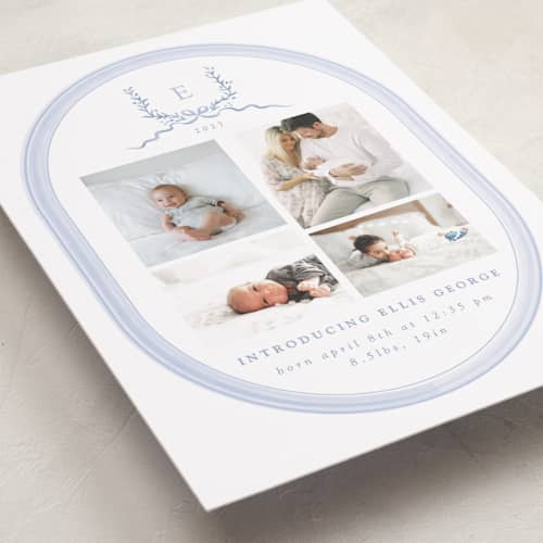 This is a frost birth announcements with standard by Corinne Malesic called festive monogram printing on recycled smooth signature in standard