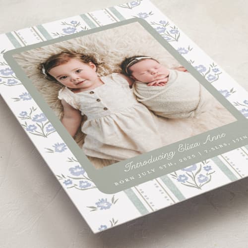 This is a periwinkle birth announcements with standard by Jackie Crawford called cottage watercolor ribbon printing on recycled smooth signature in standard