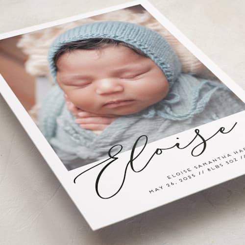 This is a onyx birth announcements with standard by Genna Blackburn called first-name basis printing on recycled smooth signature in standard