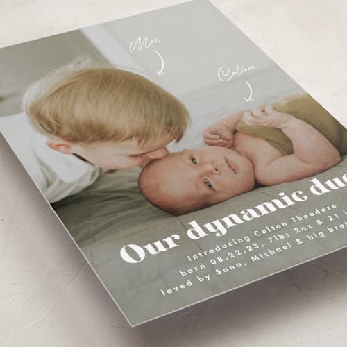 This is a cotton birth announcements with standard by Corinne Malesic called dynamic duo printing on recycled smooth signature in standard