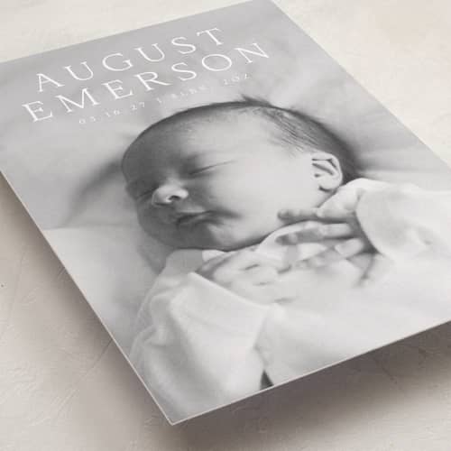 This is a cotton birth announcements with standard by Olivia Raufman called bold intro printing on recycled smooth signature in standard
