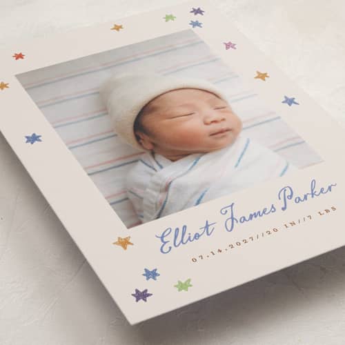 This is a rainbow birth announcements with standard by Maja Cunningham called starlight printing on recycled smooth signature in standard