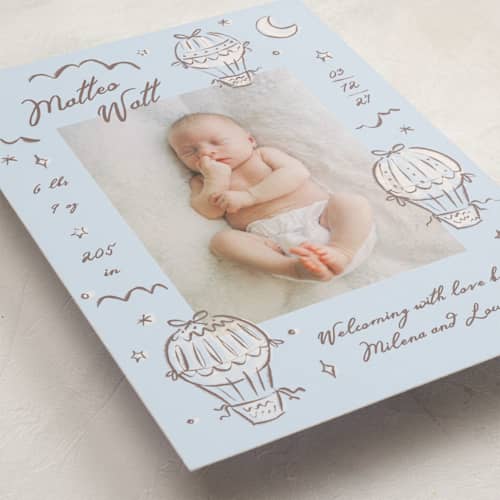 This is a sky birth announcements with standard by Pati Cascino called up up printing on recycled smooth signature in standard