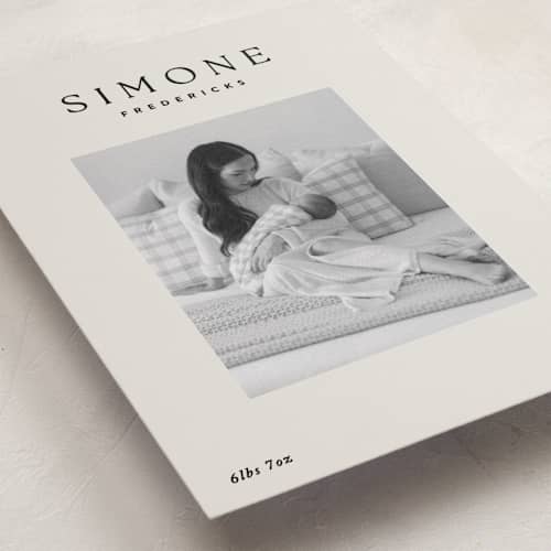 This is a noir birth announcements with standard by Jackie Crawford called simone printing on recycled smooth signature in standard
