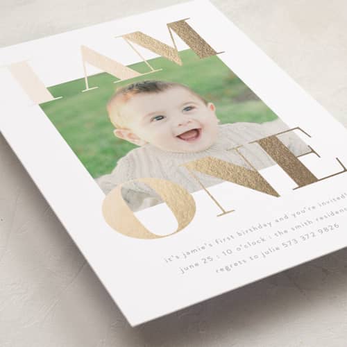 This is a goldenrod kids birthday invitations with foil pressed by Phrosné Barwood called i am one printing on recycled smooth signature in standard