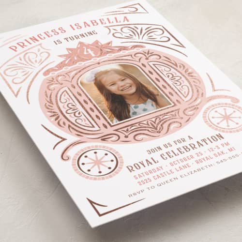 This is a ballerian pink kids birthday invitations with foil pressed by Paper Sun Studio called princess carriage printing on recycled smooth signature in standard