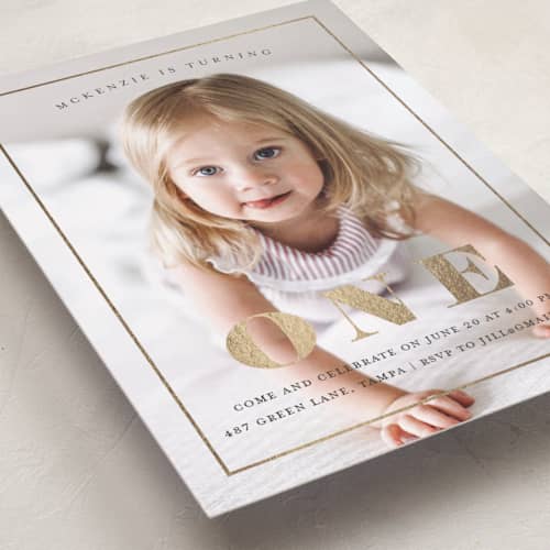 This is a ebony kids birthday invitations with foil pressed by Kasia Labocki called turning one printing on recycled smooth signature in standard