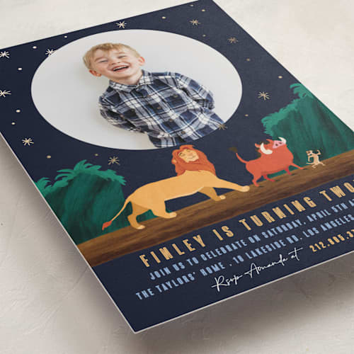 This is a midnight kids birthday invitations with foil pressed by Elly called disney's lion king hakuna matata printing on recycled smooth signature in standard