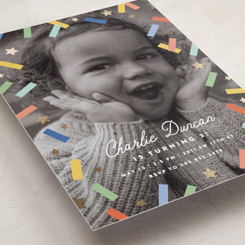 This is a sherbert kids birthday invitations with foil pressed by Maria Alou called little confetti printing on recycled smooth signature in standard