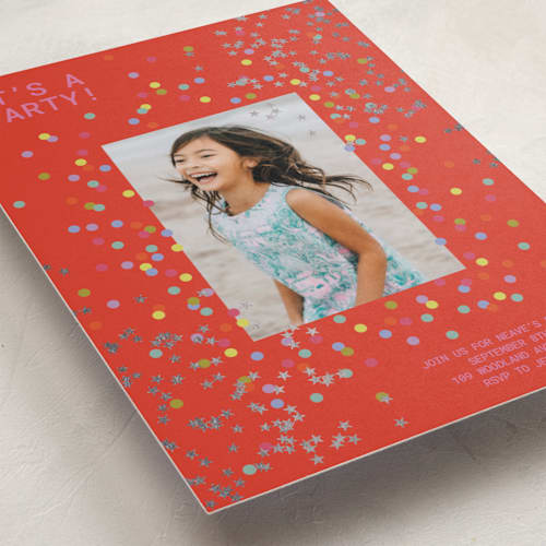 This is a strawberry kids birthday invitations with foil pressed by Inkblot Design called extra special printing on recycled smooth signature in standard