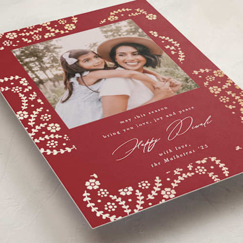 This is a candied apple diwali cards with foil pressed by Mansi Verma called gilded paisley printing on recycled smooth signature in standard