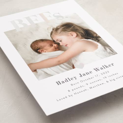 This is a mauve birth announcements with gloss press by Pink House Press called bffs printing on recycled smooth signature in standard