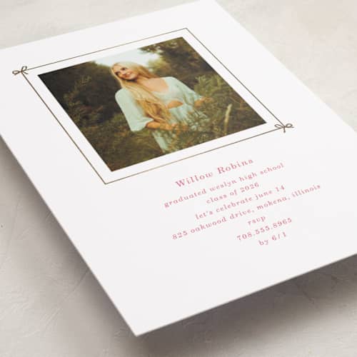 This is a peony graduation invitations with foil pressed by Baumbirdy called photobook printing on recycled smooth signature in standard