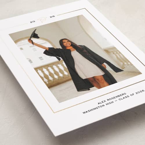 This is a noir graduation announcements with foil pressed by Annie Shapiro called cap frame printing on recycled smooth signature in standard