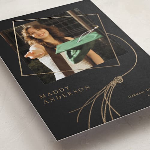 This is a chalkboard graduation announcements with foil pressed by Beth Murphy called tassel dance printing on recycled smooth signature in standard