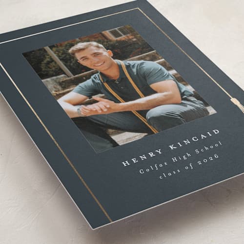 This is a dusty navy graduation announcements with foil pressed by AK Graphics called tasseled printing on recycled smooth signature in standard